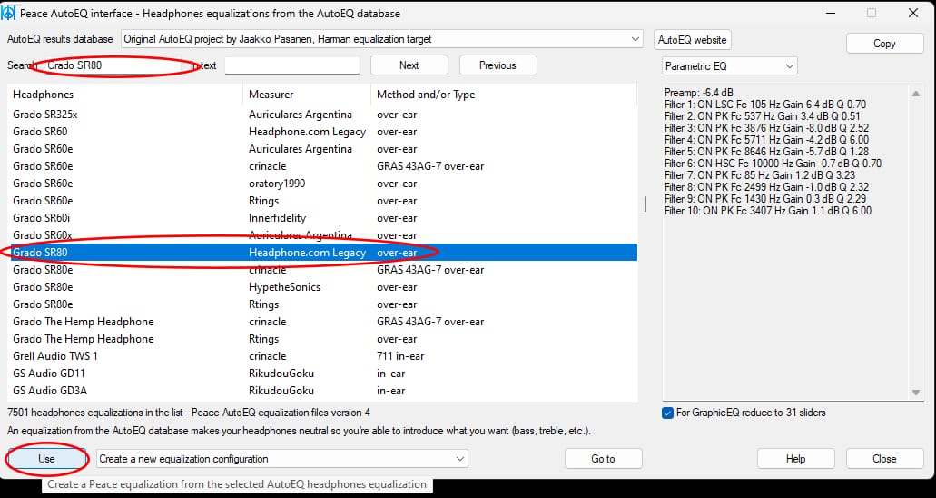 Peace AutoEQ search and use